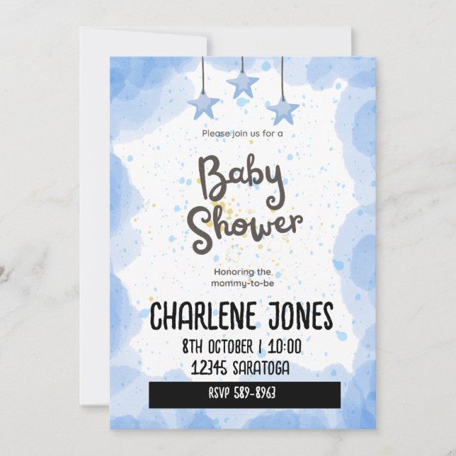 Blue stars and clouds baby shower invitation (Front)
