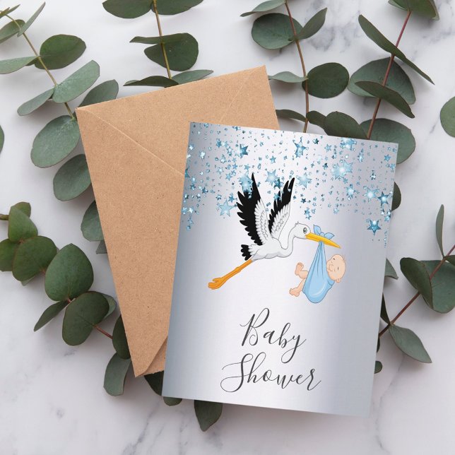 Blue stars baby boy silver shower invitation postcard (Creator Uploaded)
