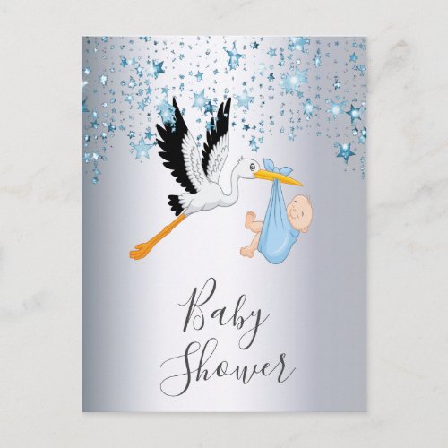 Blue stars baby boy silver shower invitation postcard