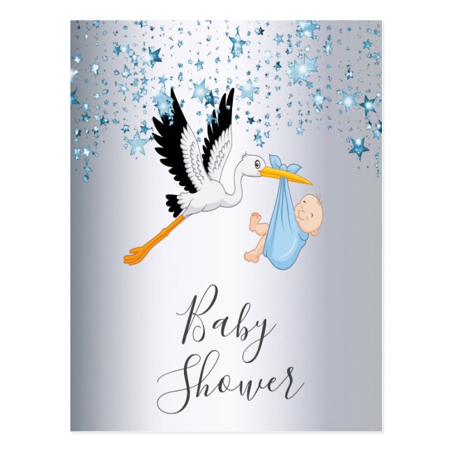 Blue stars baby boy silver shower invitation postcard
