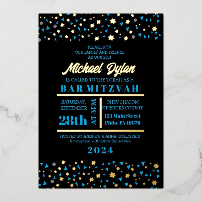Blue Stars Bar Bat Mitzvah Invitation Gold Foil Foil Invitation (Front)