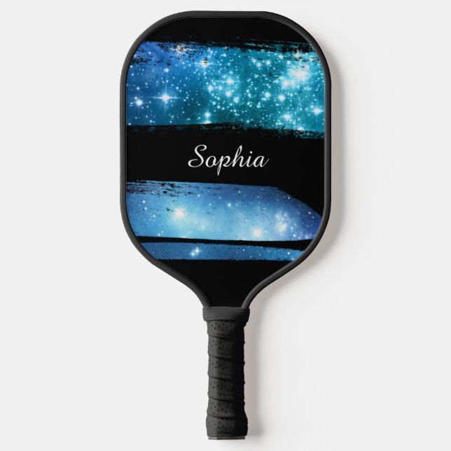 Blue Stars Brush Strokes, White Script Name Pickleball Paddle (Front)