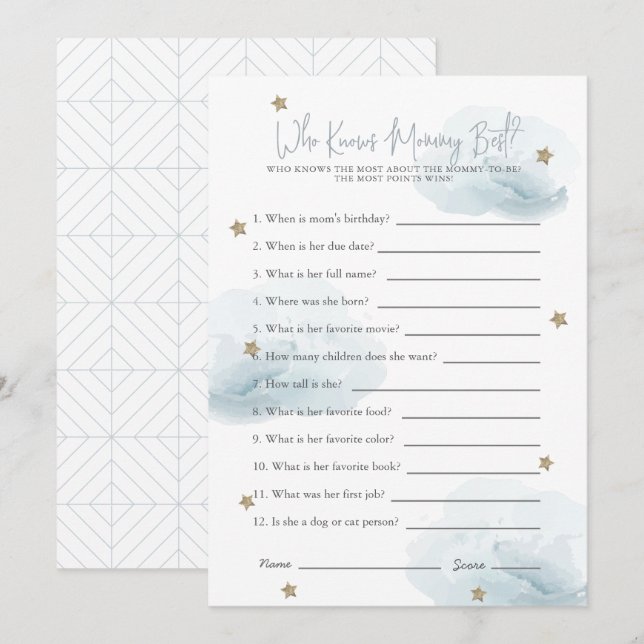 Blue Stars & Clouds Who Knows Mom Shower Game Card (Front/Back)