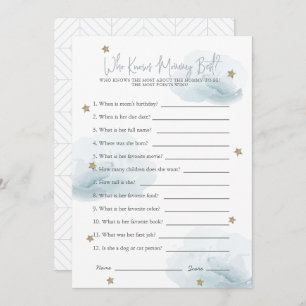 Blue Stars & Clouds Who Knows Mom Shower Game Card