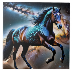 Blue Stars Galaxy Horse Ceramic Tile