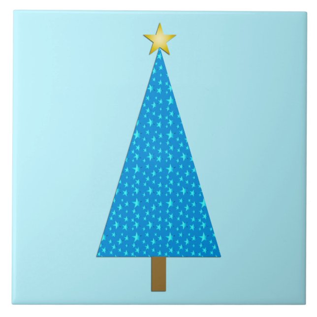 Blue stars modern Christmas tree Ceramic Tile (Front)