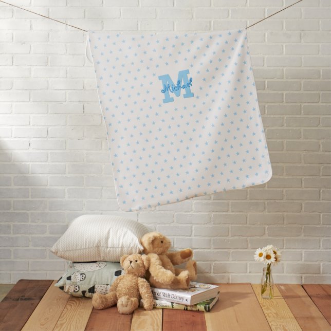 Blue Stars Monogrammed Warm Cozy Ultra Soft White Baby Blanket (In Situ)