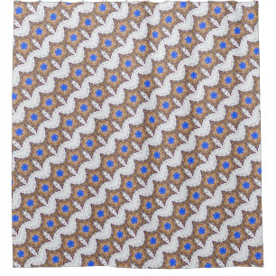 blue stars on diagonal white pattern shower curtain
