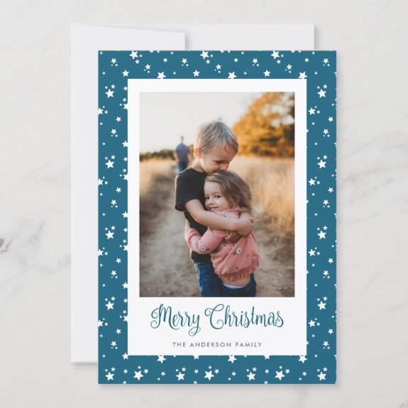 Blue Stars Photo Merry Christmas Cards