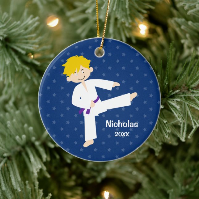 Blue Stars Purple Belt Taekwondo Boy Personalized Ceramic Ornament (Tree)
