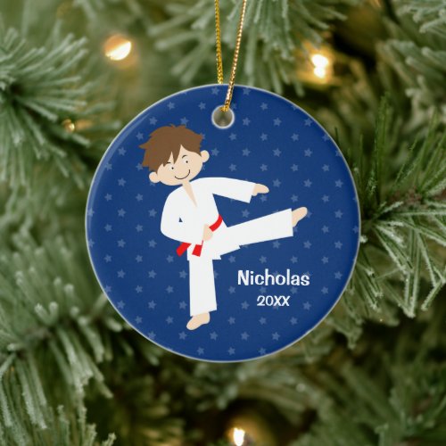 Blue Stars Red Belt Taekwondo Boy Personalized Ceramic Ornament