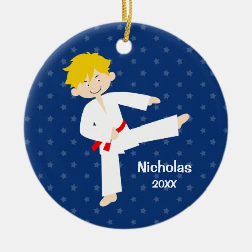 Blue Stars Red Belt Taekwondo Boy Personalized Ceramic Ornament