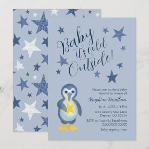 Blue Stars Winter Penguin Baby Shower Invitation