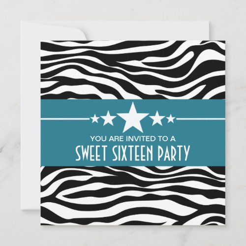 Blue Stars Zebra Print Sweet 16 Invite