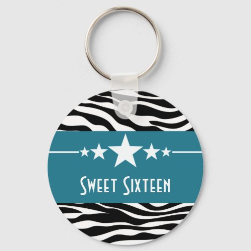 Blue Stars Zebra Print Sweet 16 Keychain