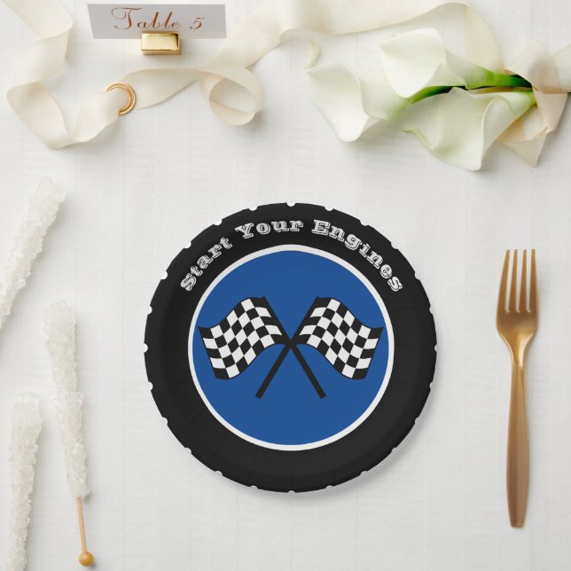 Blue Start Your Engines Racing Tire Paper Plates (Wedding)