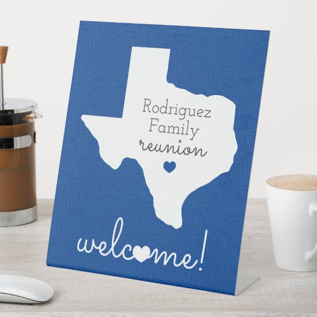 Blue State of Texas Family Reunion Pedestal Sign (In SItu)