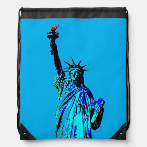 Blue Statue of Lady Liberty Drawstring Bag