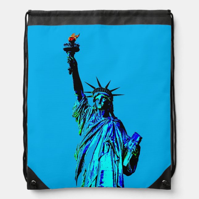 Blue Statue of Lady Liberty Drawstring Bag (Front)