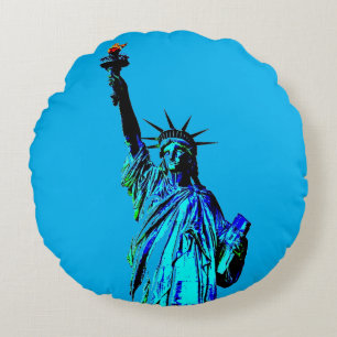 Blue Statue of Lady Liberty Round Pillow