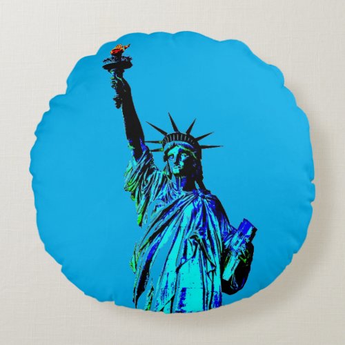 Blue Statue of Lady Liberty Round Pillow
