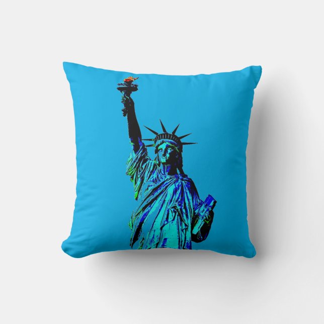 Blue Statue of Lady Liberty Throw Pillow (Front)