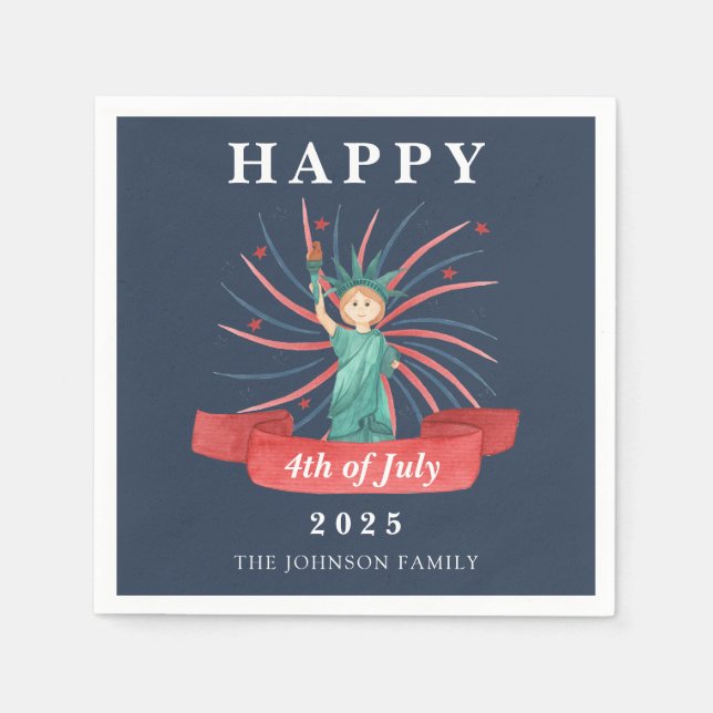 Blue Statue Of Liberty Happy 4th Of July Napkins (Front)