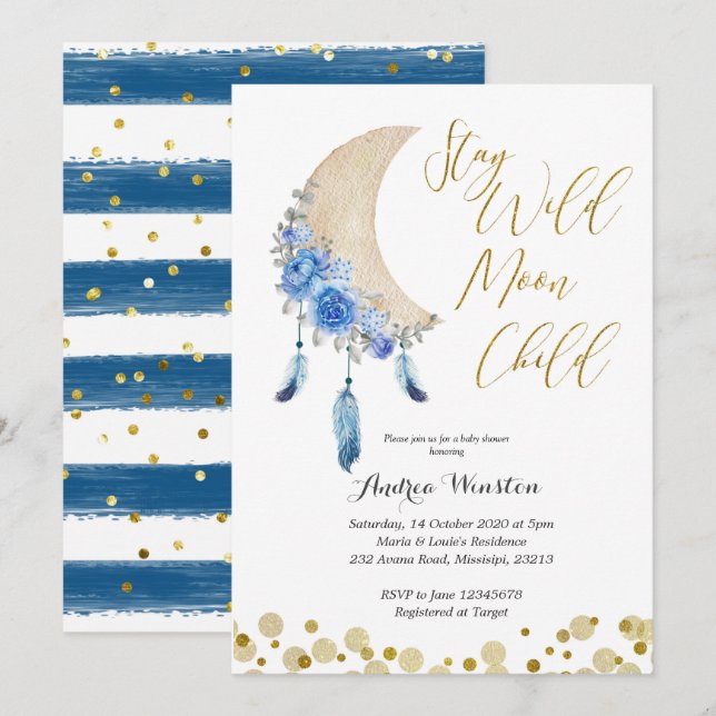 Blue Stay Wild Moon Child Baby Shower Invitation (Front/Back)
