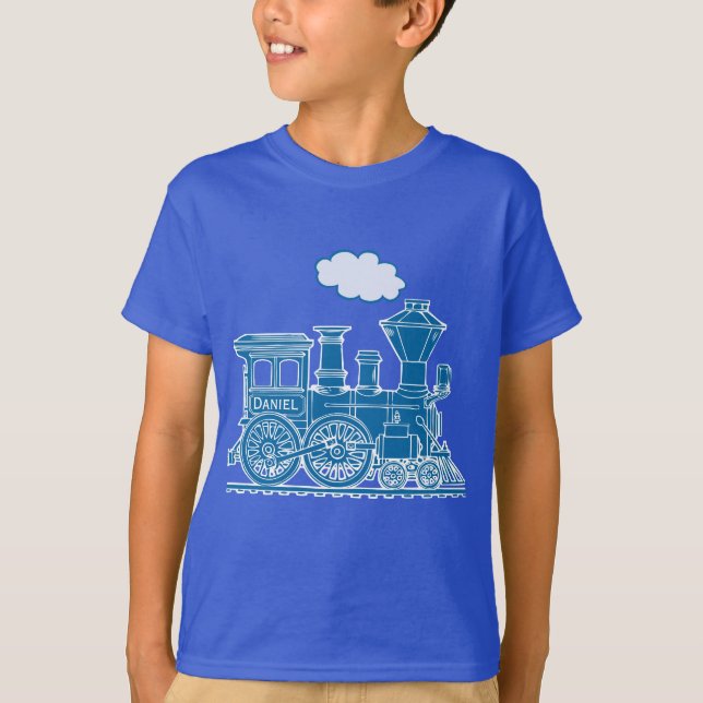 Blue steam locomotive train "your name" t-shirt (Front)