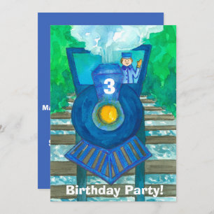 Blue Steam Train 3rd Birthday Party Invitation