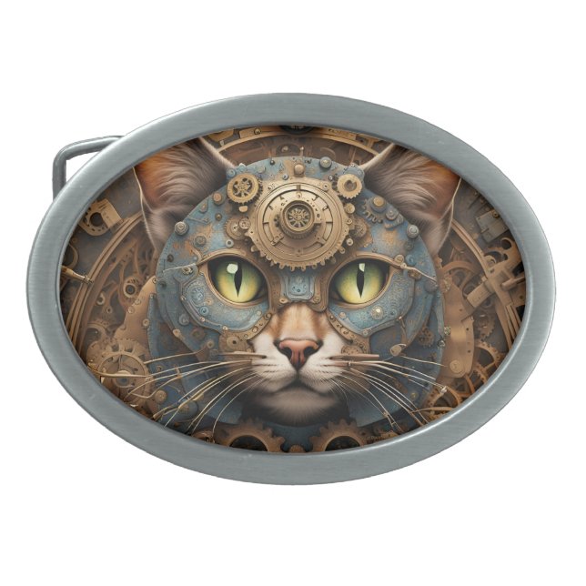 blue steampunk cat AI art Belt buckle  (Front)