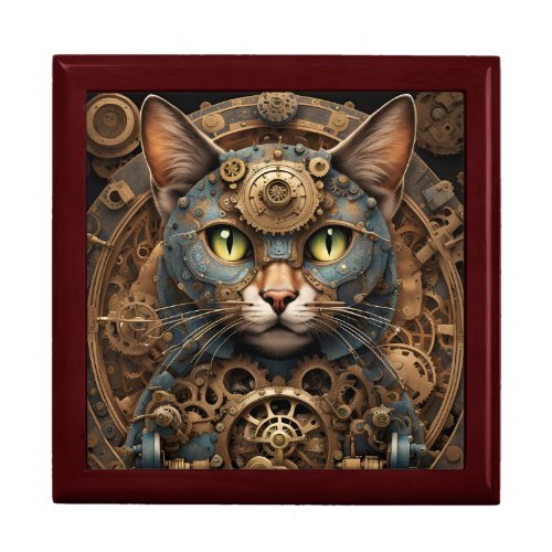 blue steampunk cat AI art gift box