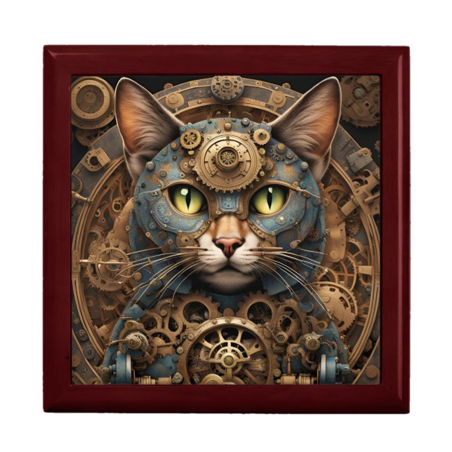 blue steampunk cat AI art gift box (Front)