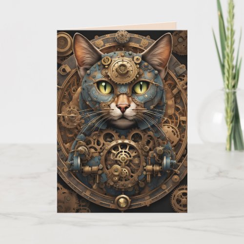 blue steampunk cat AI art greeting card