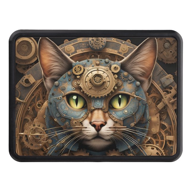 blue steampunk cat AI art hitch cover (Front)