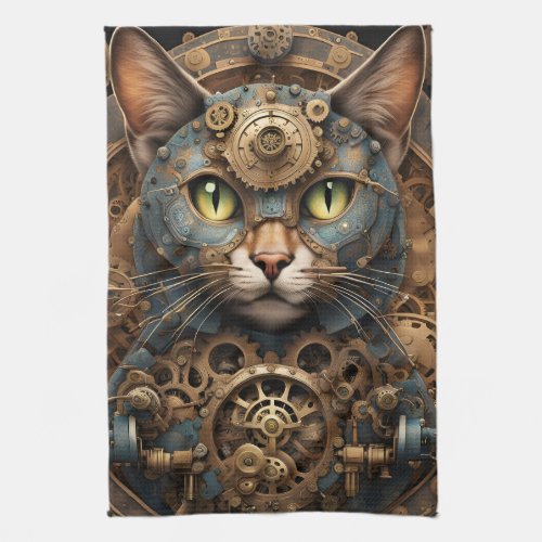 blue steampunk cat AI art  kitchen towel