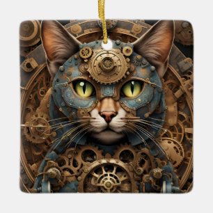 blue steampunk cat AI art ornament