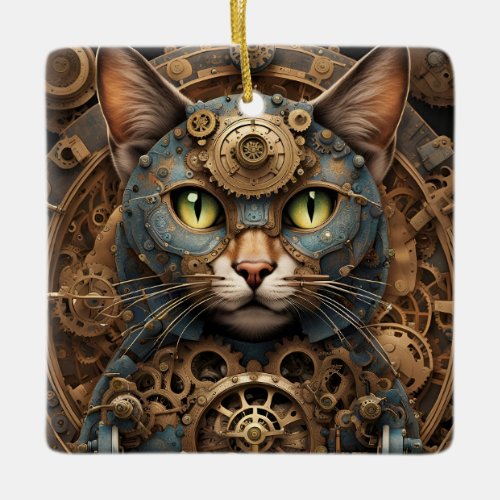 blue steampunk cat AI art ornament