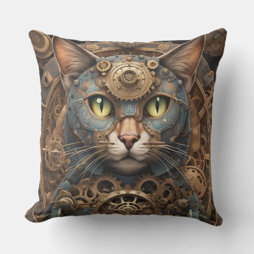 blue steampunk cat AI art outdoor pillow