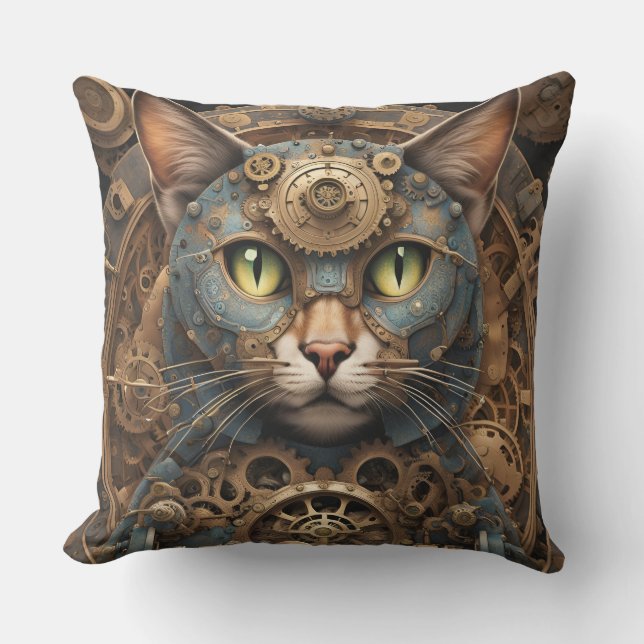 blue steampunk cat AI art outdoor pillow (Front)