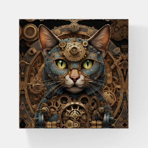 blue steampunk cat AI art paperweight