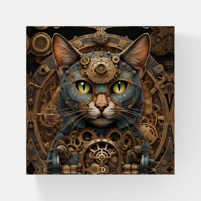 blue steampunk cat AI art paperweight (Front)