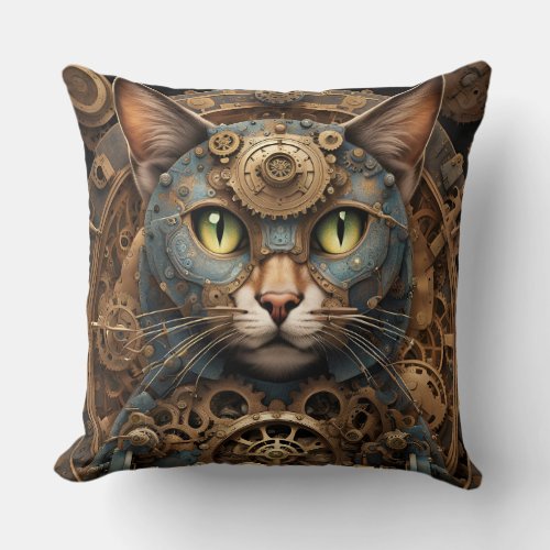 blue steampunk cat AI art pillow