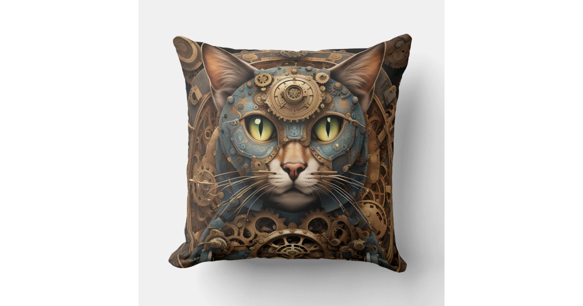 Blue Steampunk Cat Ai Art Pillow 