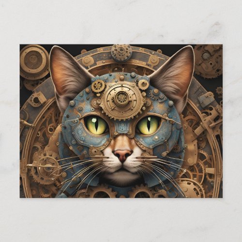 blue steampunk cat AI art postcard