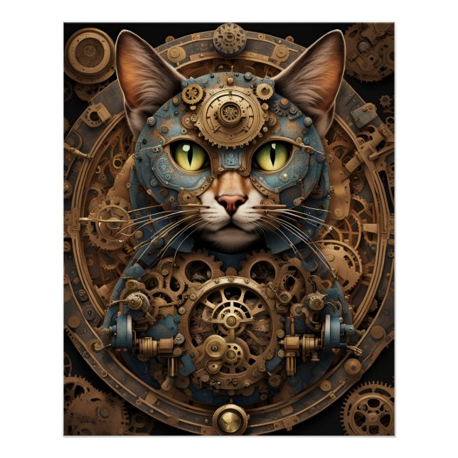 blue steampunk cat AI art poster (Front)