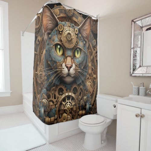 blue steampunk cat AI art shower curtain