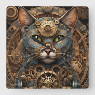 blue steampunk cat AI art Square Wall Clock