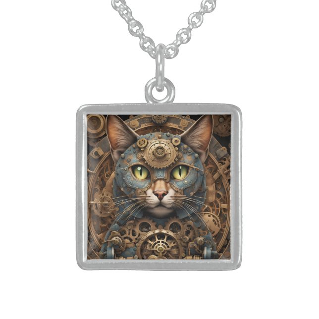 blue steampunk cat AI art Sterling Silver Necklace (Front)