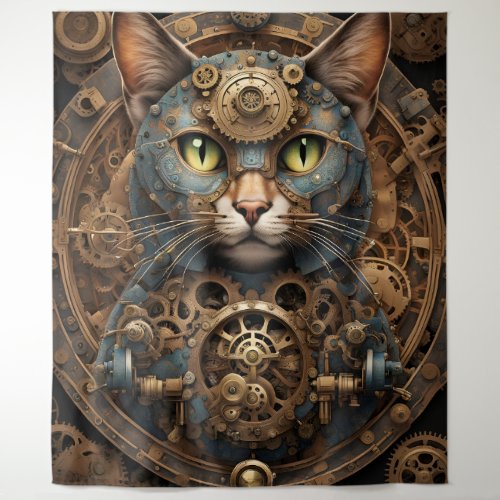 blue steampunk cat AI art Tapestry 